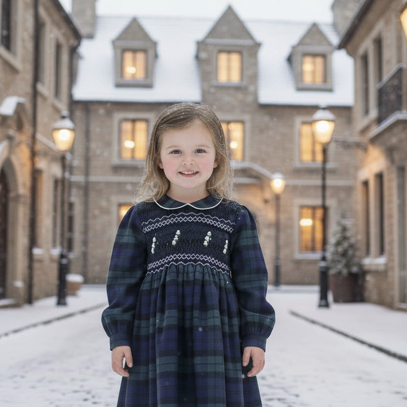 Robe à smocks tartan carreaux verts.&nbsp;