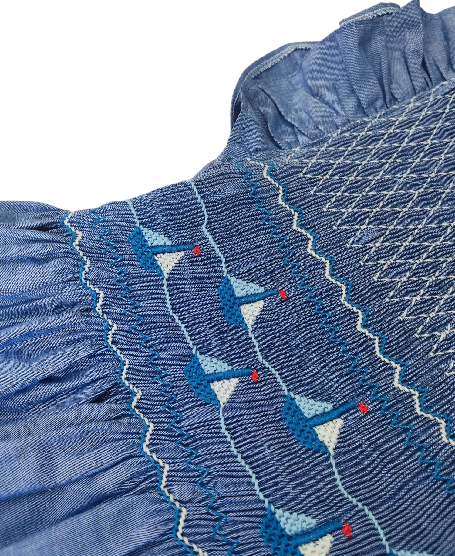 Robe à smocks bleu chambray motif bateaux avec manchettes volantes