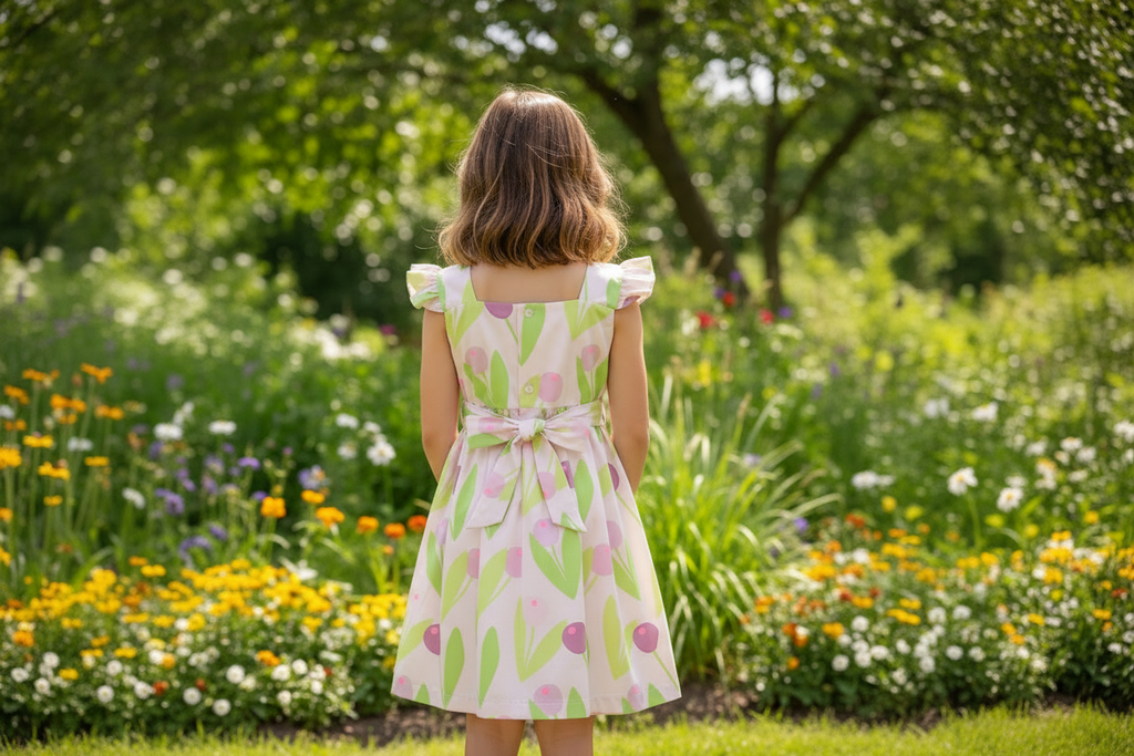 Robe à smocks à petites manches volantes fluo & tulipes