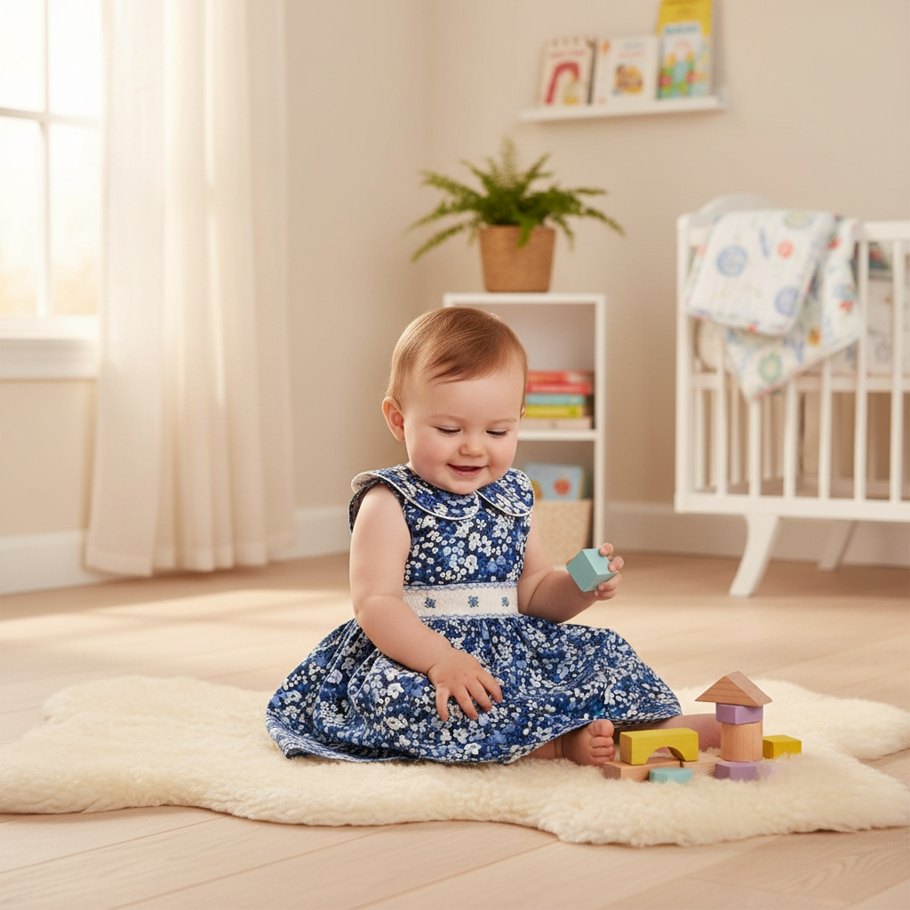 Robe à smocks imprimée floral bleu. Robe chic avec grand col.