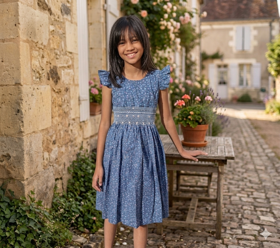 Robe à smocks bleu fleuri avec petites manches