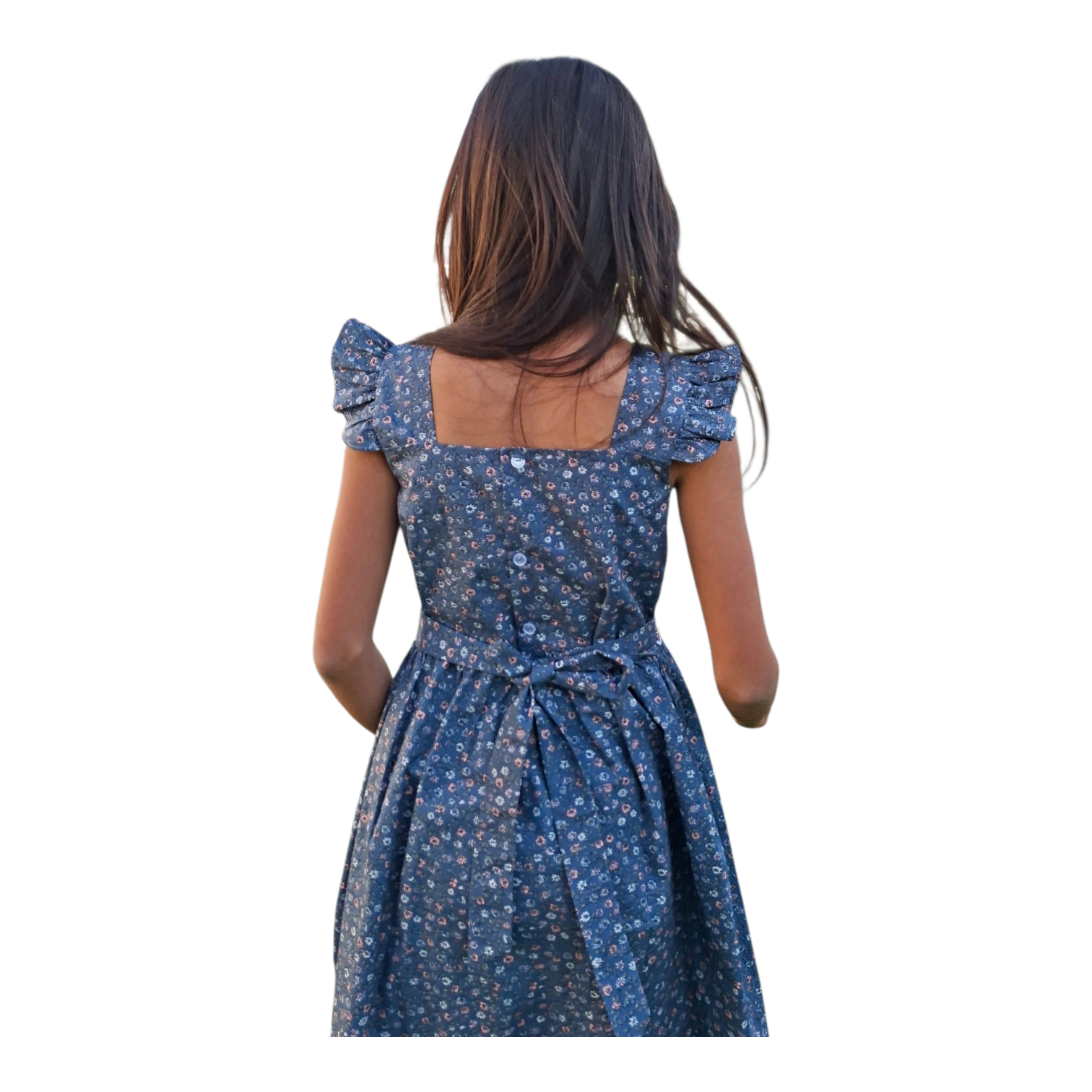 Robe à smocks bleu fleuri avec petites manches