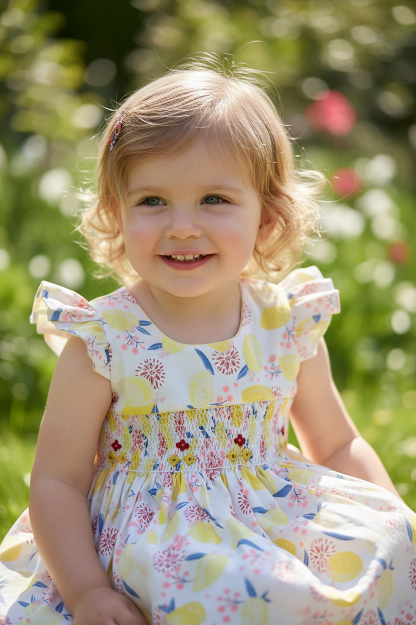 Pièce unique. Robe à smocks jaune citron 2 ans