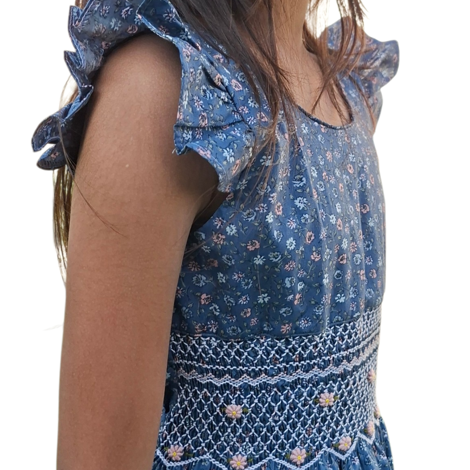 Robe à smocks bleu fleuri avec petites manches