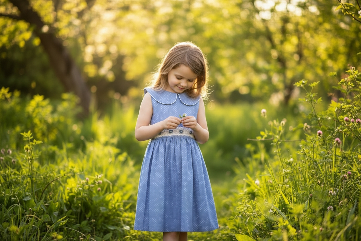 Robe smockée à pois bleus
