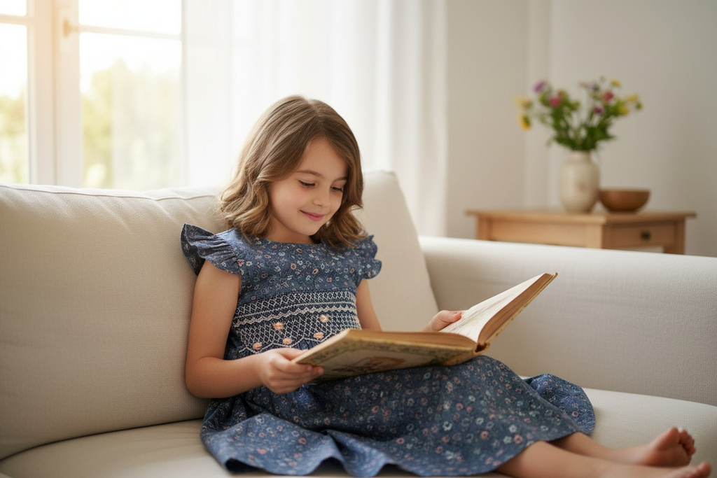 Robe à smocks bleu fleuri avec petites manches