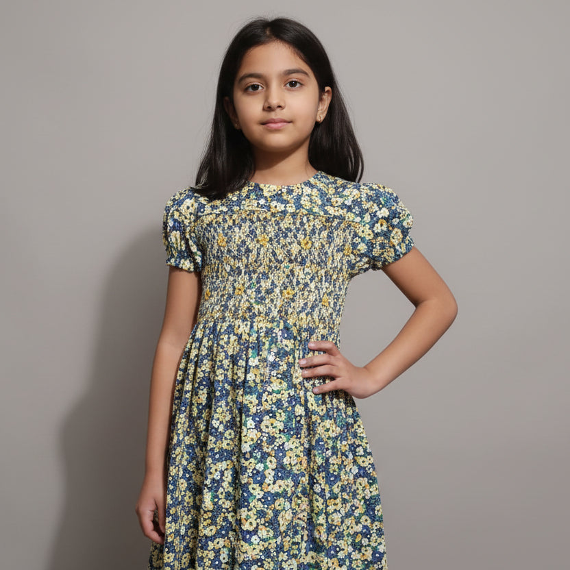 Robe à smocks imprimé à fleurs jaune & bleu marine