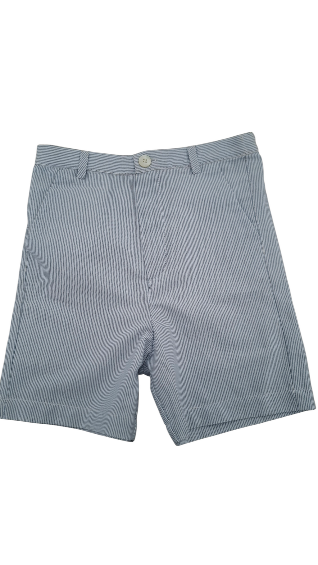 Ensemble chemise + bermuda bleu rayé, broderie bateau. Vêtement printemps été garçon.