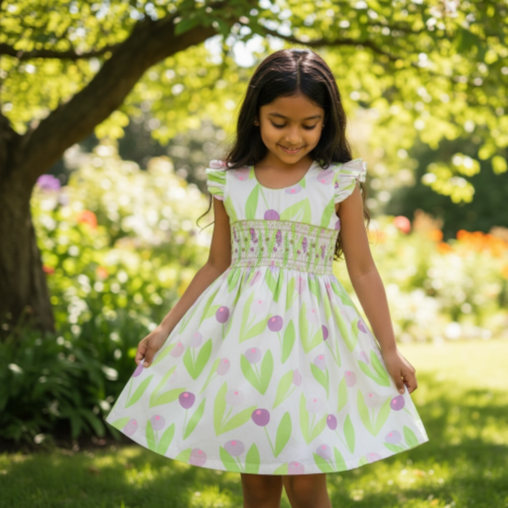 Robe à smocks à petites manches volantes fluo & tulipes