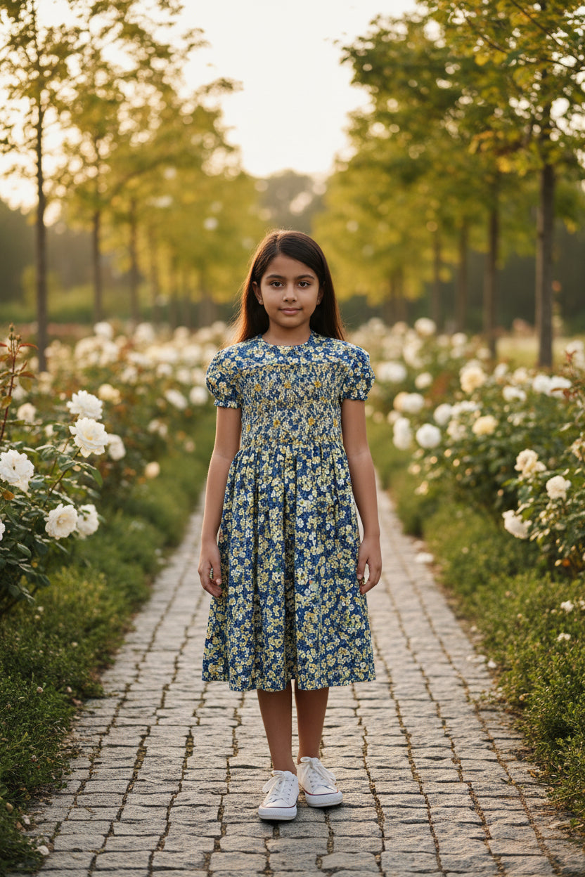 Robe à smocks imprimé à fleurs jaune & bleu marine