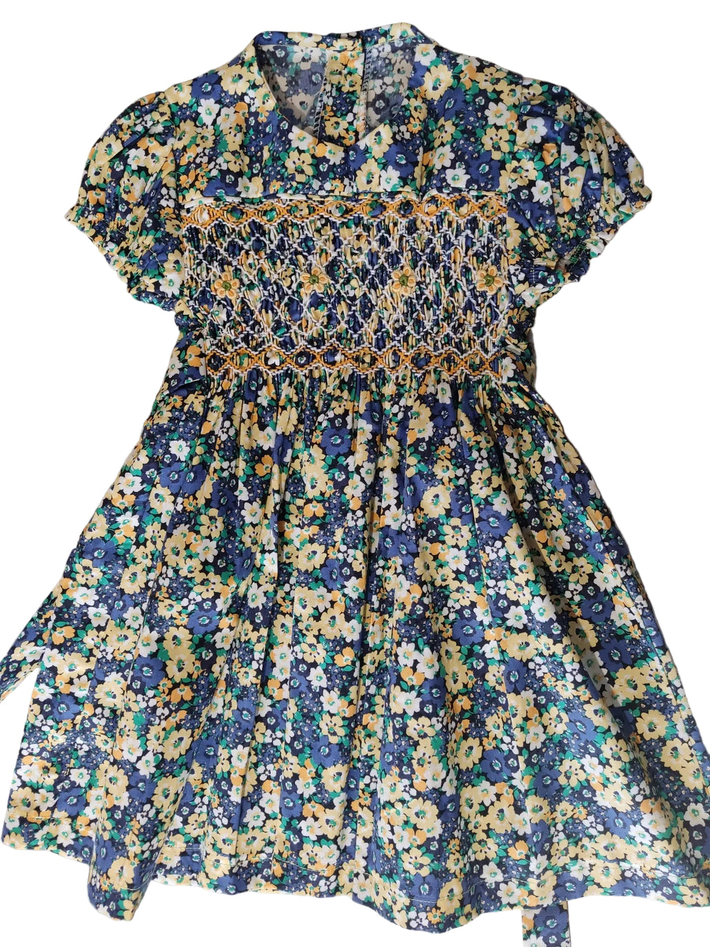 Robe à smocks imprimé à fleurs jaune & bleu marine