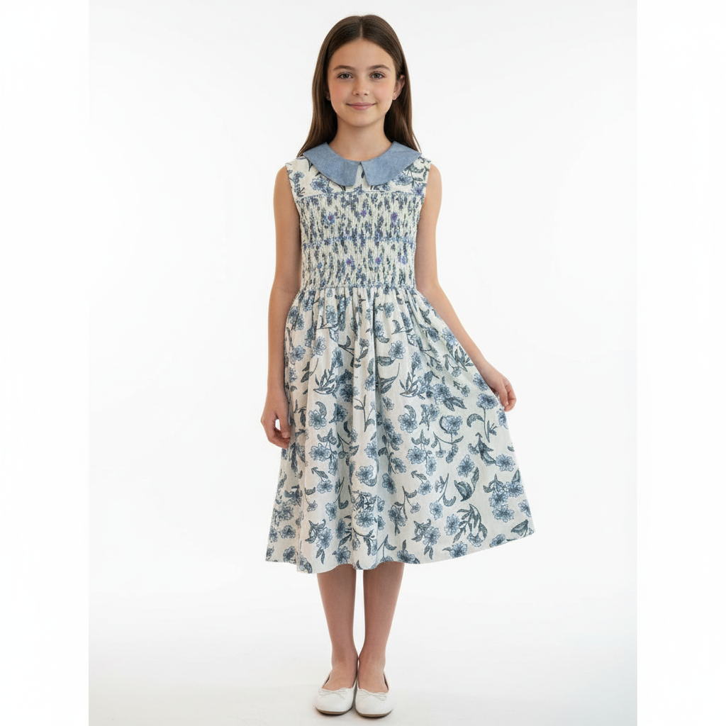 Robe à smocks bleu Fleurie