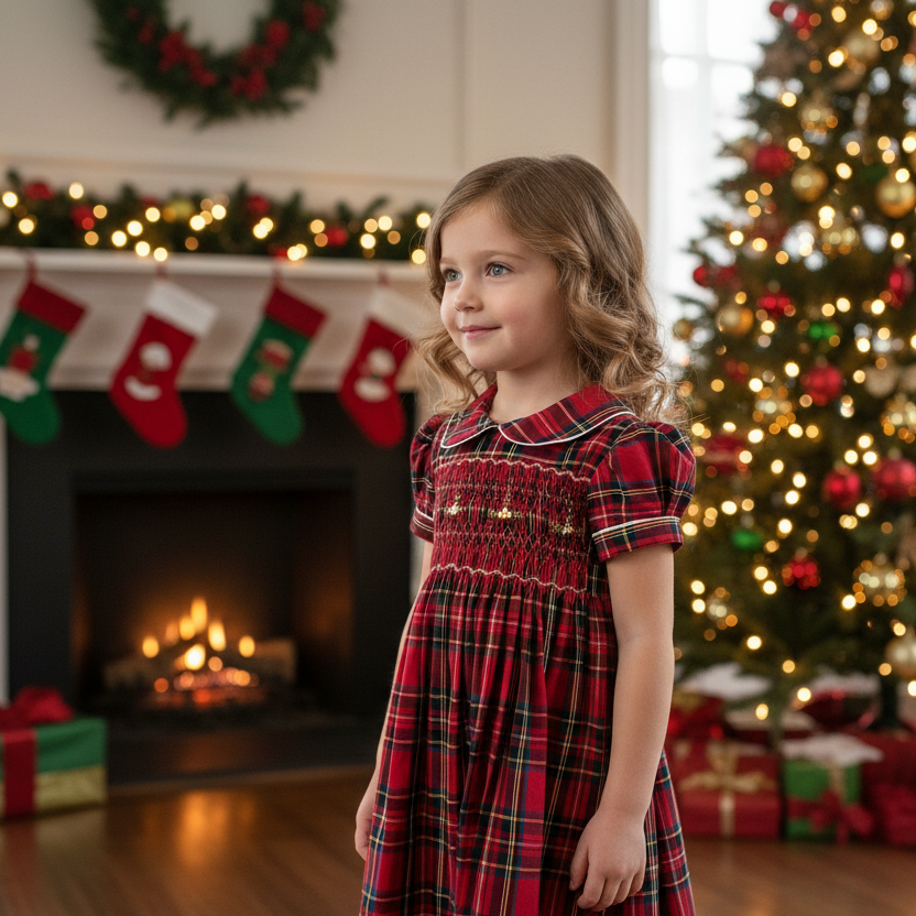 Robe à smocks carreaux rouge. Robe de noël fille. Robe à smocks