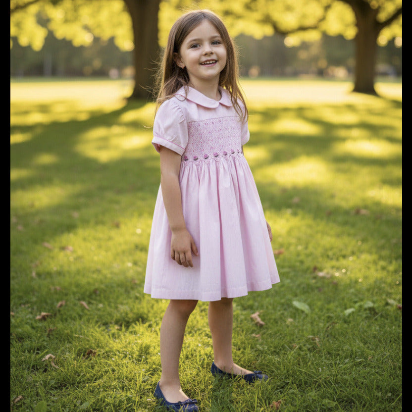 Robe à smocks rose très petits carreaux