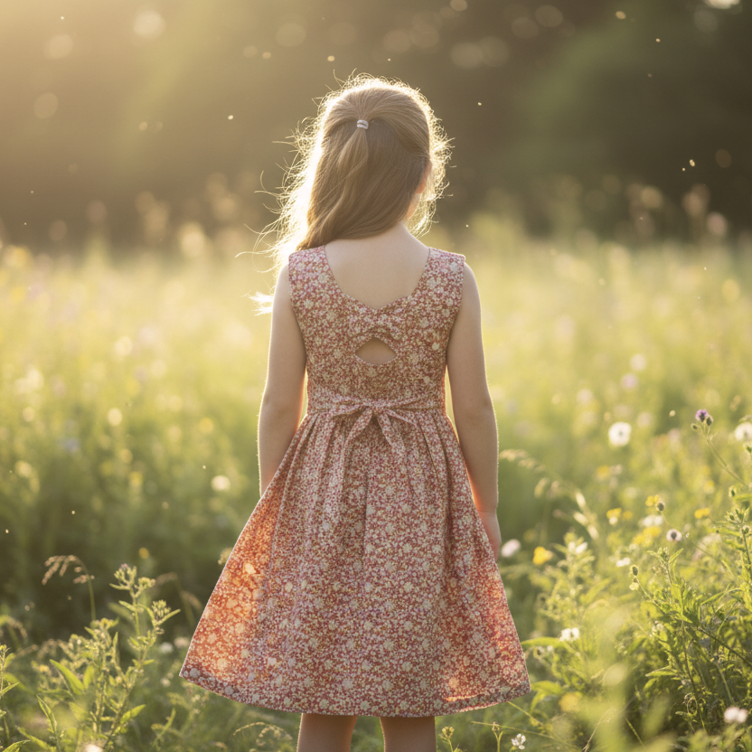 Robe à smocks orange fleuri multicolore. Tissu Goldina dress.