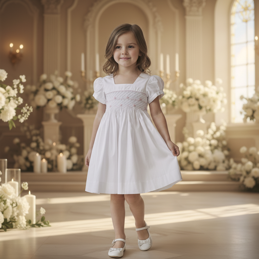 Robe de cérémonie smockée blanche.