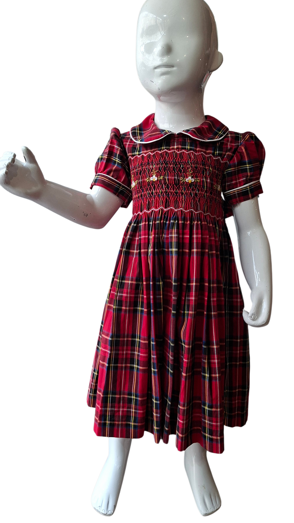 Robe à smocks carreaux rouge. Robe de noël fille. Robe à smocks