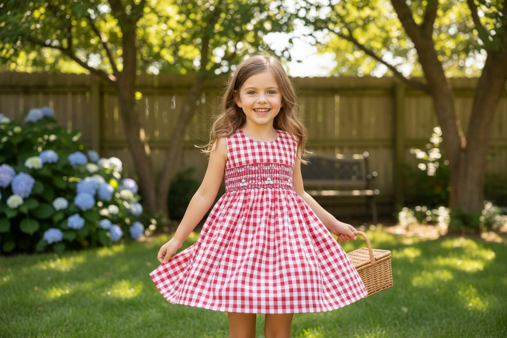 Magnifique robe smockée en Vichy rouge