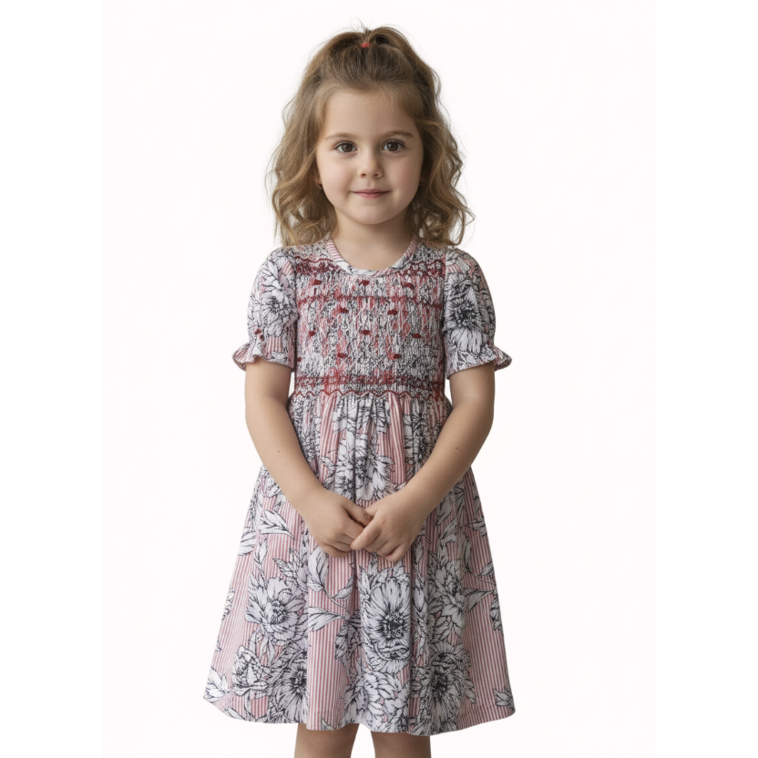 Robe à smocks rose, fleurie et manches courtes.