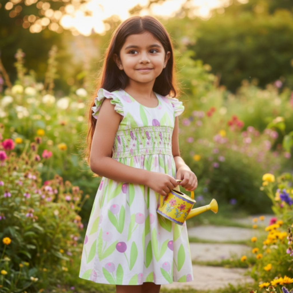 Robe à smocks à petites manches volantes fluo & tulipes