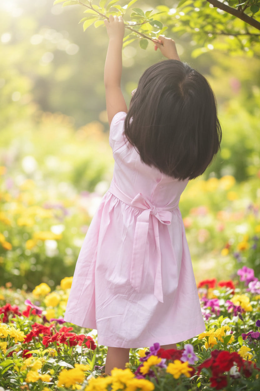 Robe à smocks rose très petits carreaux
