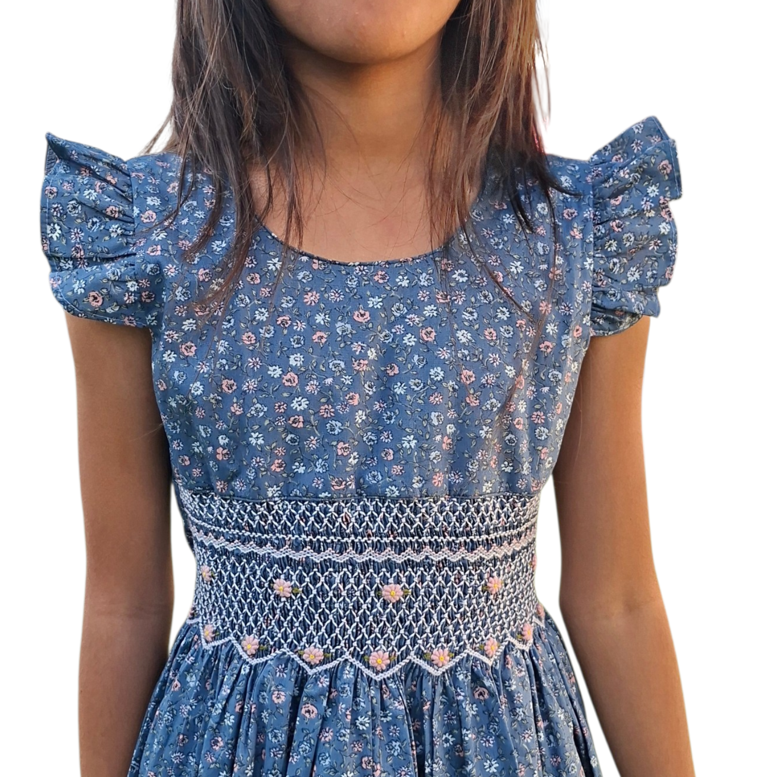 Robe à smocks bleu fleuri avec petites manches