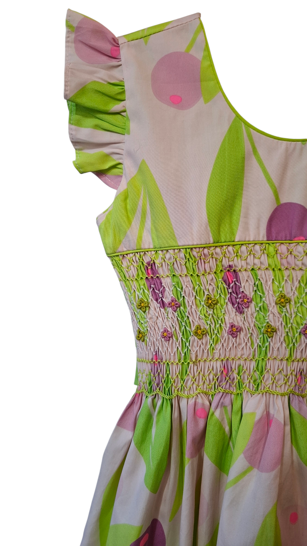 Robe à smocks à petites manches volantes fluo & tulipes