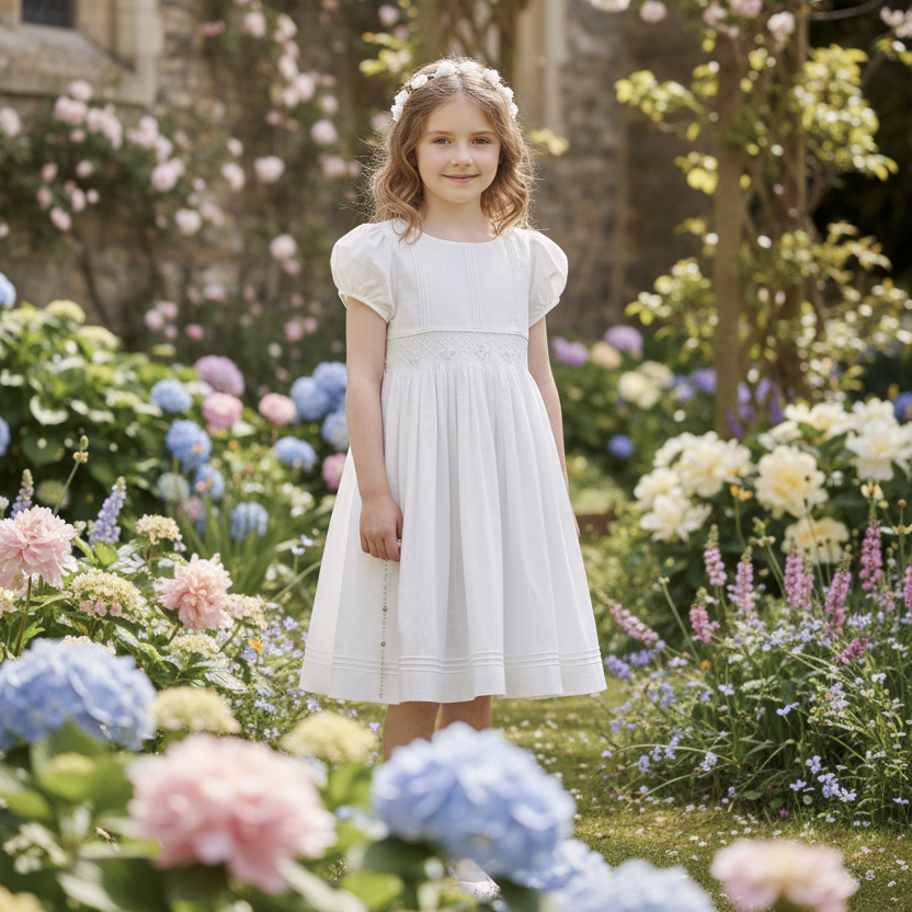 Robe de baptême portée par une petite fille dans un décor printanier